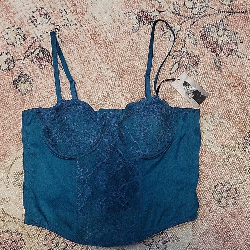 Sincerely Jules Jade Green Satin and Lace Corset Cami Bustier Crop Top - Size L